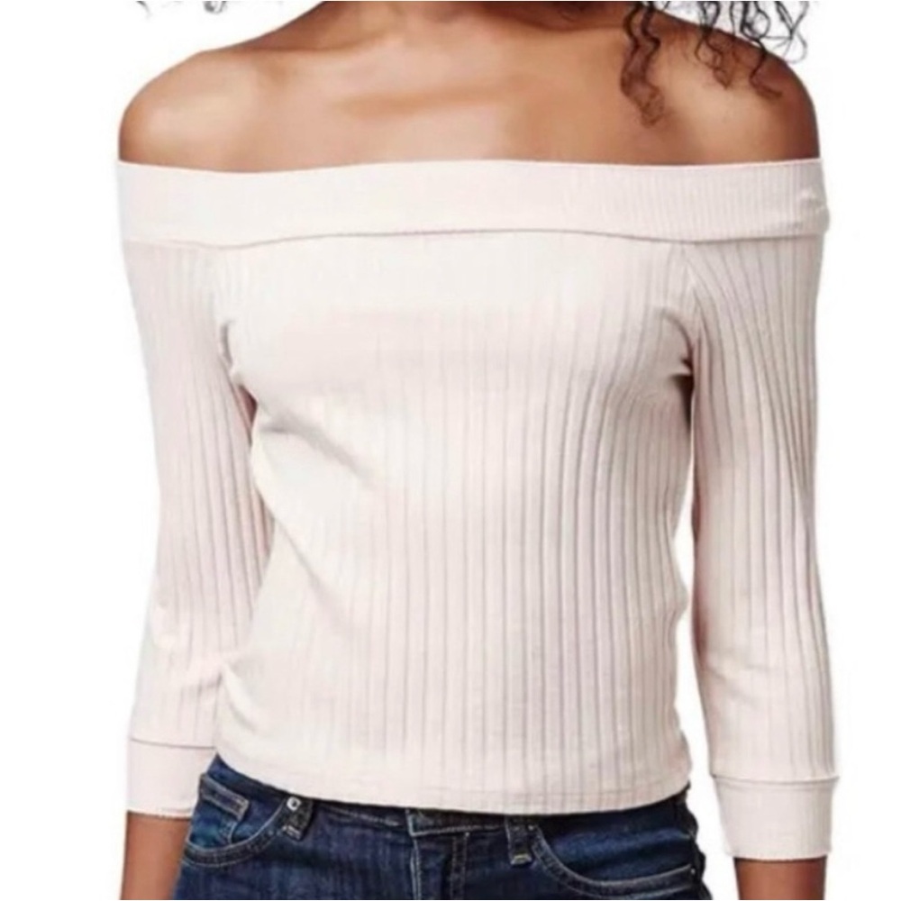 Topshop Pale Pink Ribbed Off Shoulder Crop Top Women’s Size 12 - Picture 2 of 6
